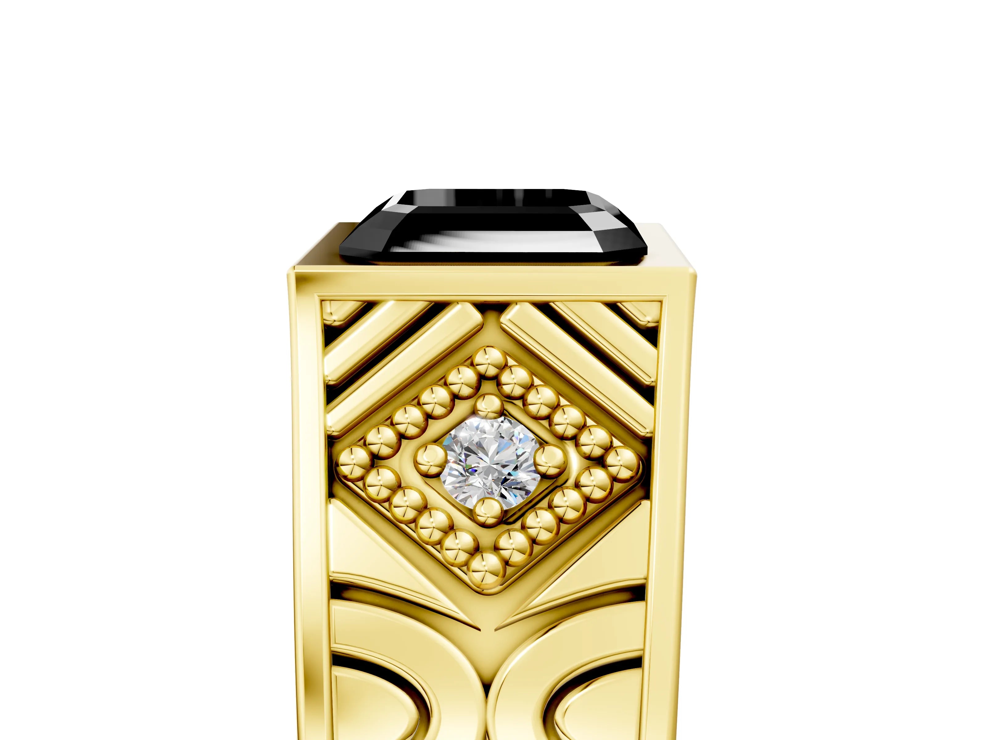 Yellow gold Hexagonal Bezel Fancy Black Asscher Cut Diamond Engraved Band Prong Ring_5