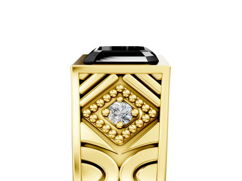Yellow gold Hexagonal Bezel Fancy Black Asscher Cut Diamond Engraved Band Prong Ring_5
