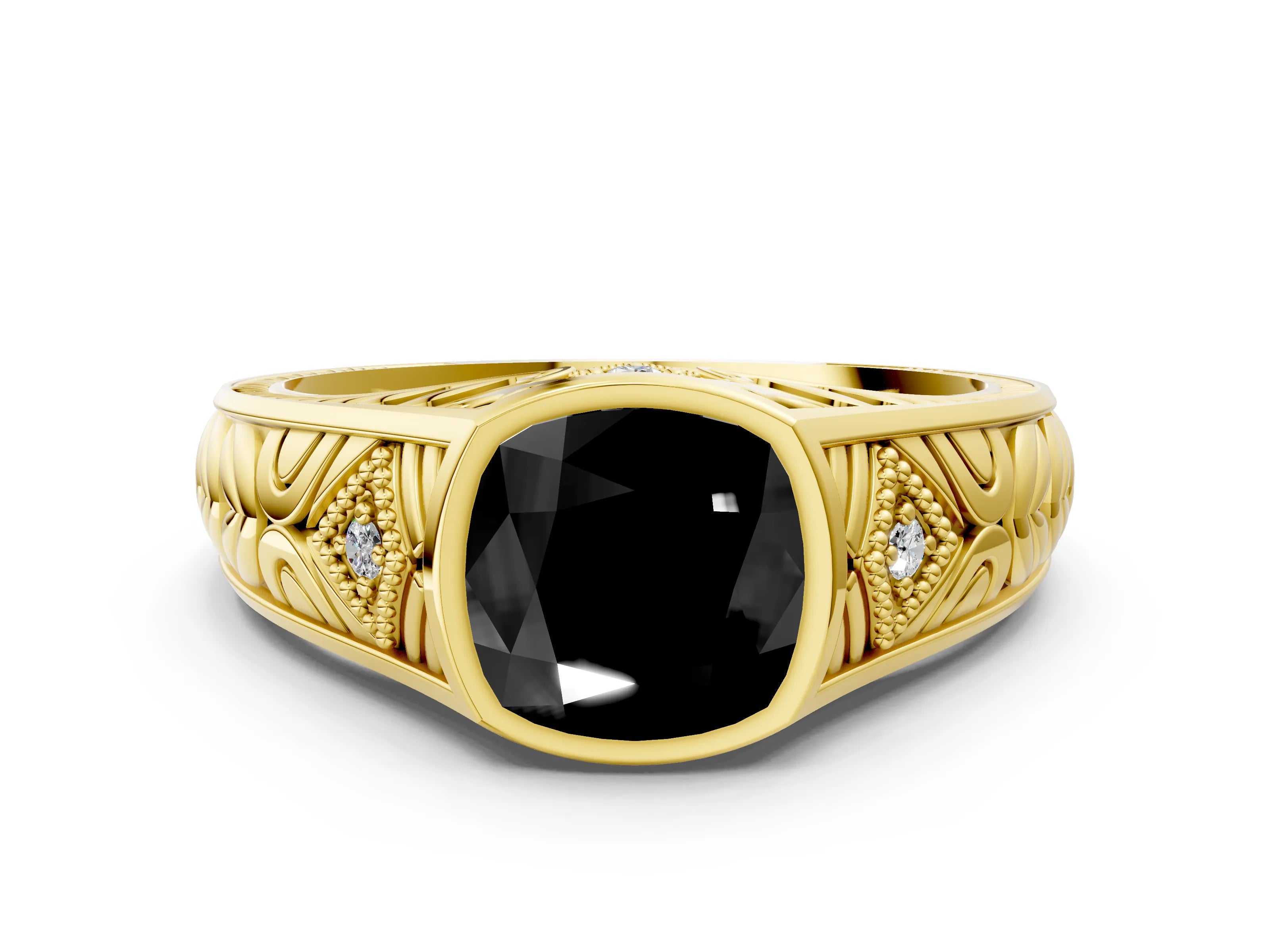 Yellow gold Hexagonal Bezel Fancy Black Cushion Cut Diamond Engraved Band Prong Ring