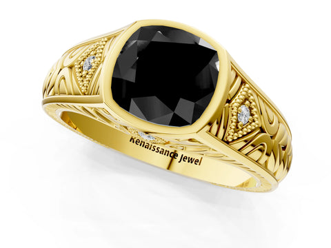 Yellow gold Hexagonal Bezel Fancy Black Cushion Cut Diamond Engraved Band Prong Ring_1