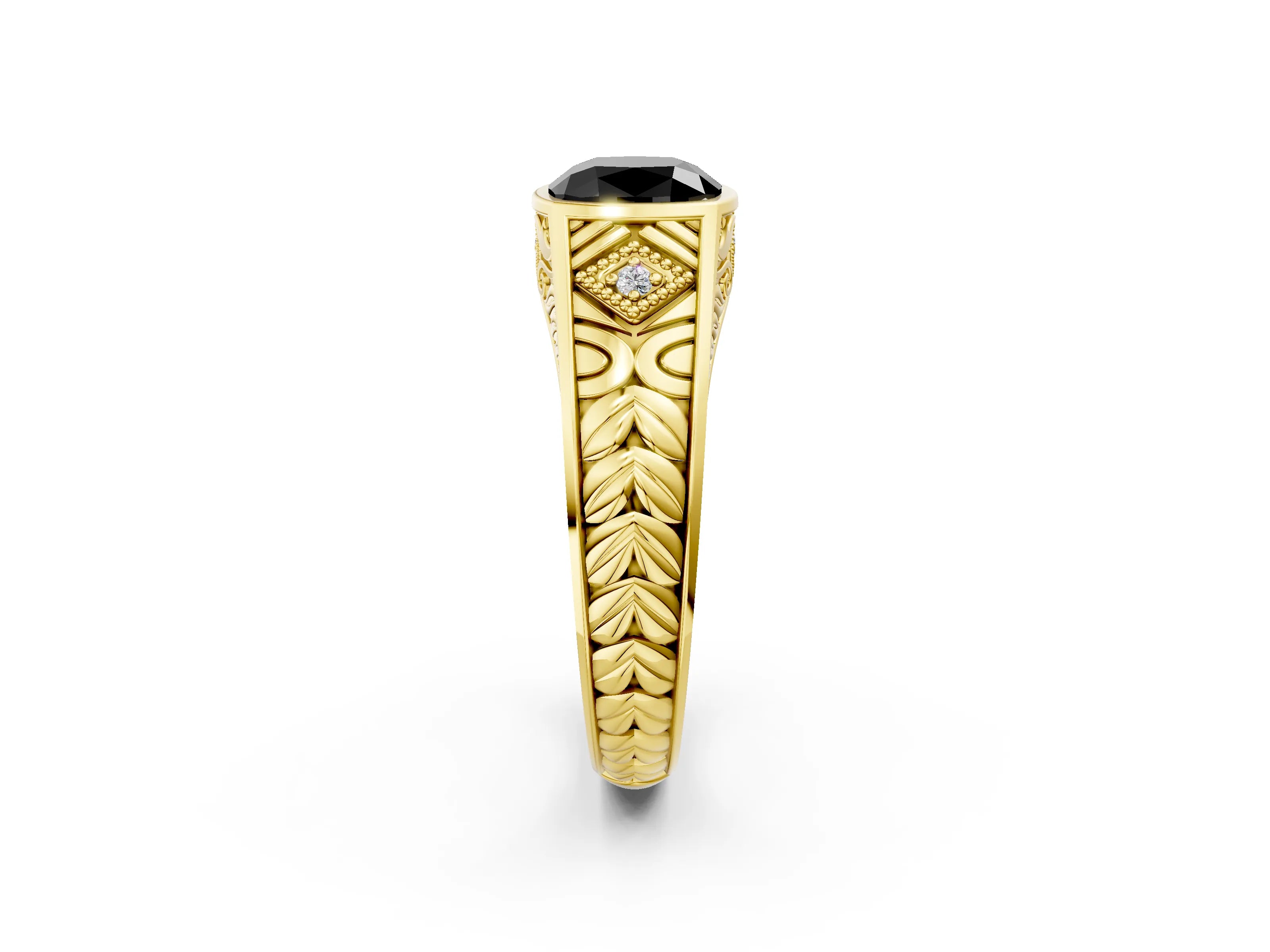 Yellow gold Hexagonal Bezel Fancy Black Cushion Cut Diamond Engraved Band Prong Ring_2