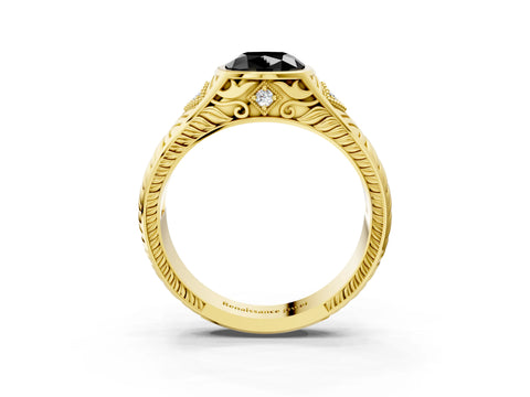 Yellow gold Hexagonal Bezel Fancy Black Cushion Cut Diamond Engraved Band Prong Ring_3