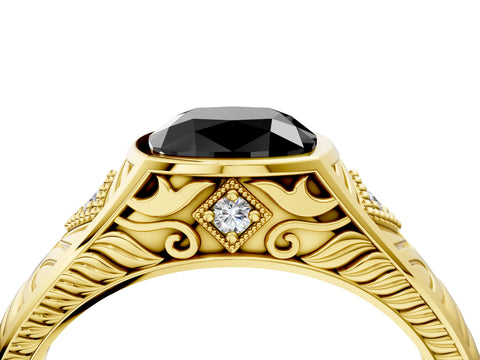 Yellow gold Hexagonal Bezel Fancy Black Cushion Cut Diamond Engraved Band Prong Ring_4
