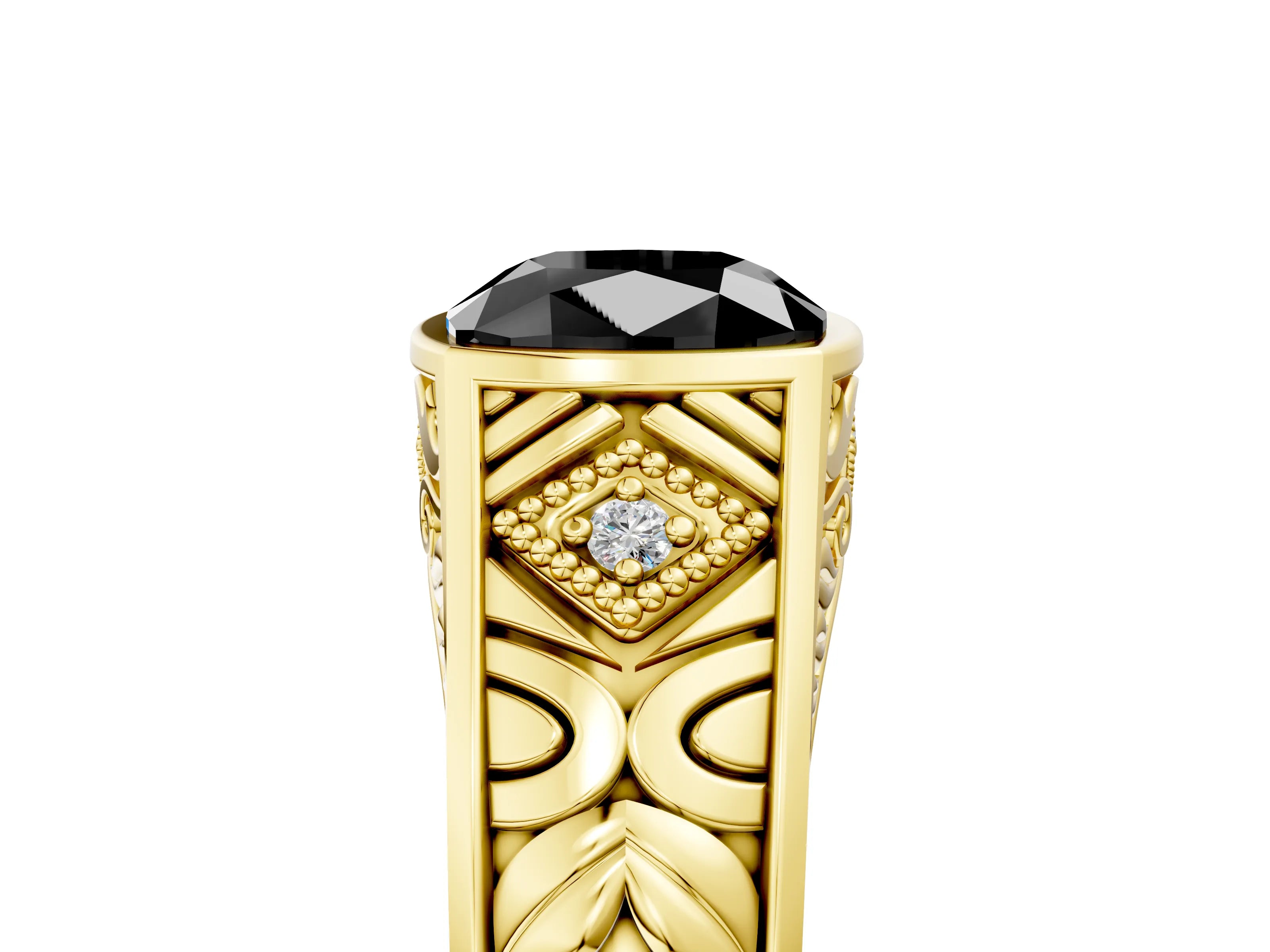 Yellow gold Hexagonal Bezel Fancy Black Cushion Cut Diamond Engraved Band Prong Ring_5