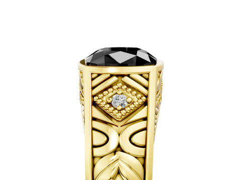 Yellow gold Hexagonal Bezel Fancy Black Cushion Cut Diamond Engraved Band Prong Ring_5