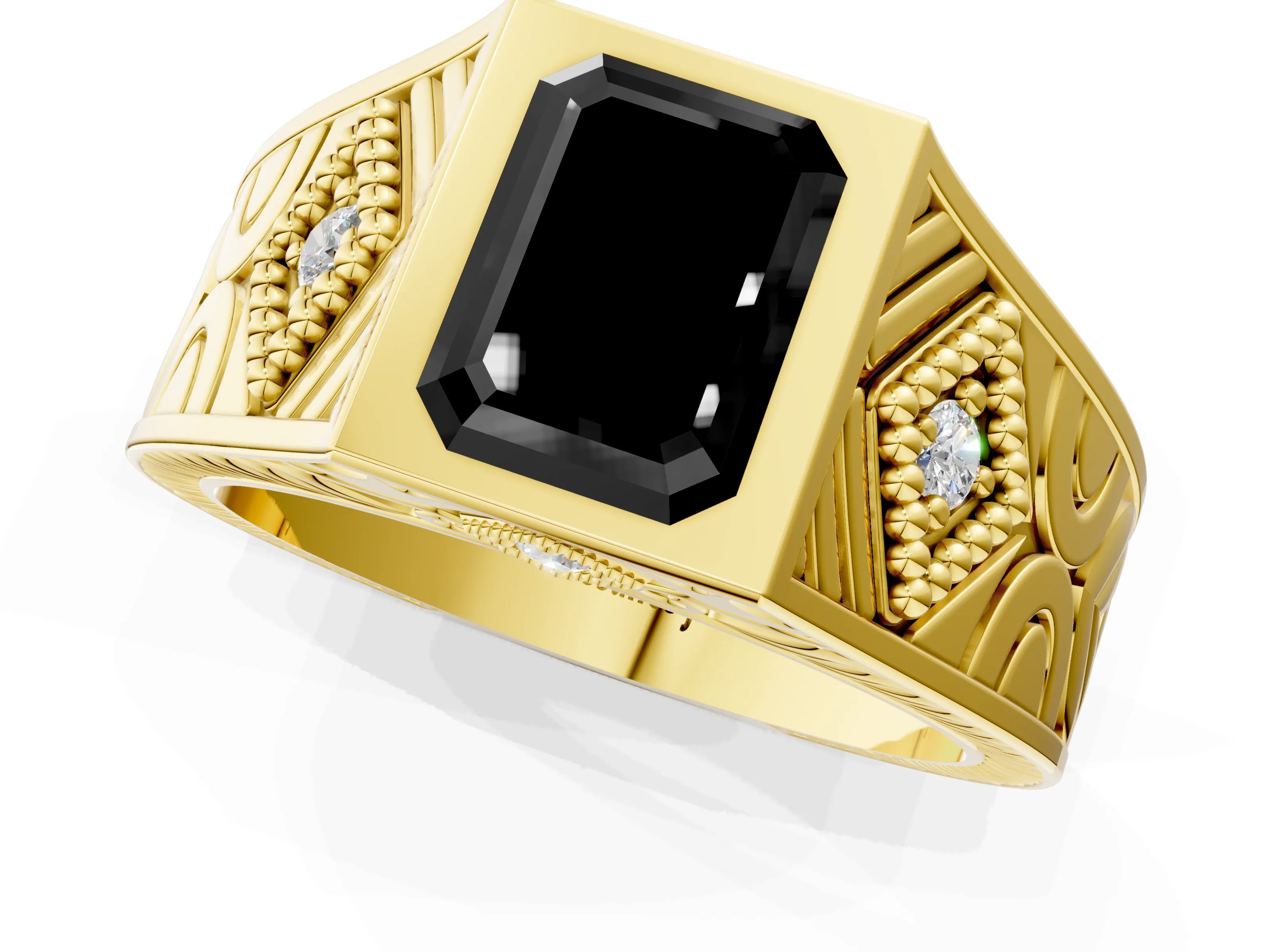 Yellow gold Hexagonal Bezel Fancy Black Emerald Cut Diamond Engraved Band Prong Ring_1