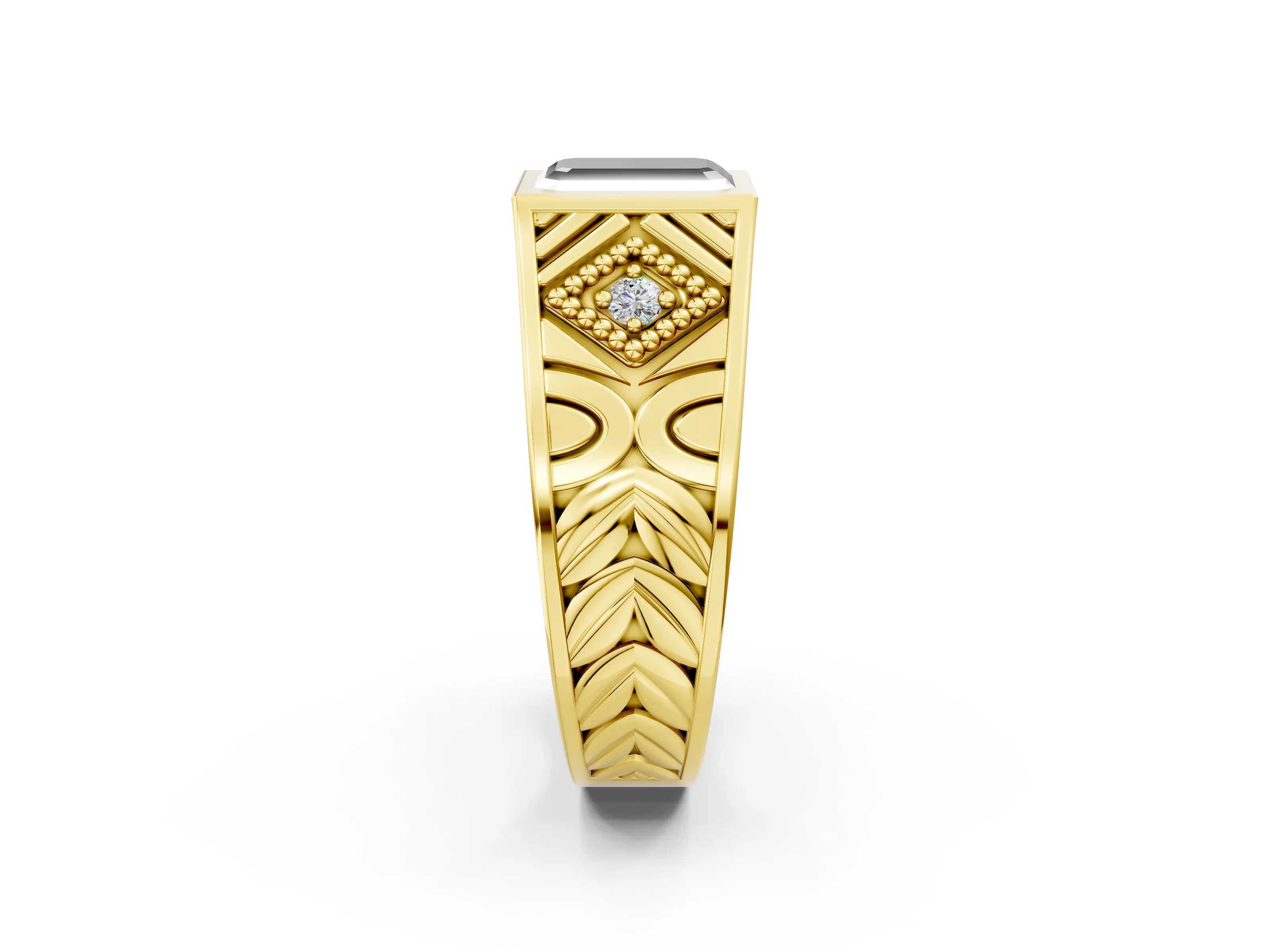 Yellow gold Hexagonal Bezel Fancy Black Emerald Cut Diamond Engraved Band Prong Ring_2