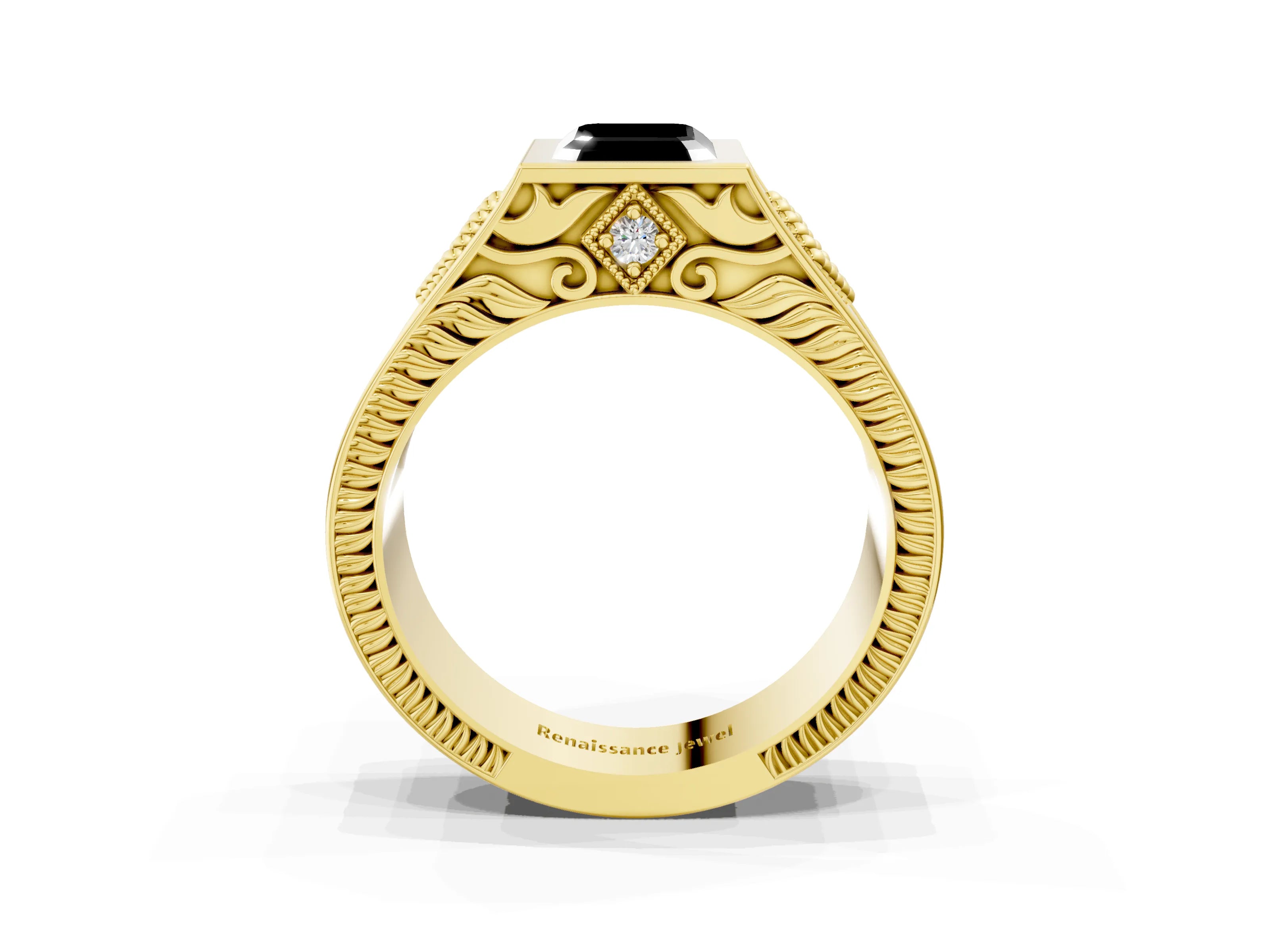 Yellow gold Hexagonal Bezel Fancy Black Emerald Cut Diamond Engraved Band Prong Ring_3