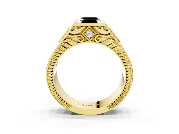 Yellow gold Hexagonal Bezel Fancy Black Emerald Cut Diamond Engraved Band Prong Ring