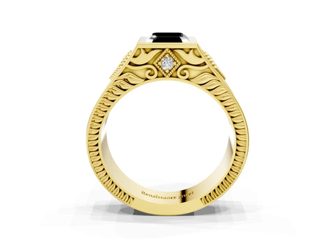Yellow gold Hexagonal Bezel Fancy Black Emerald Cut Diamond Engraved Band Prong Ring_3