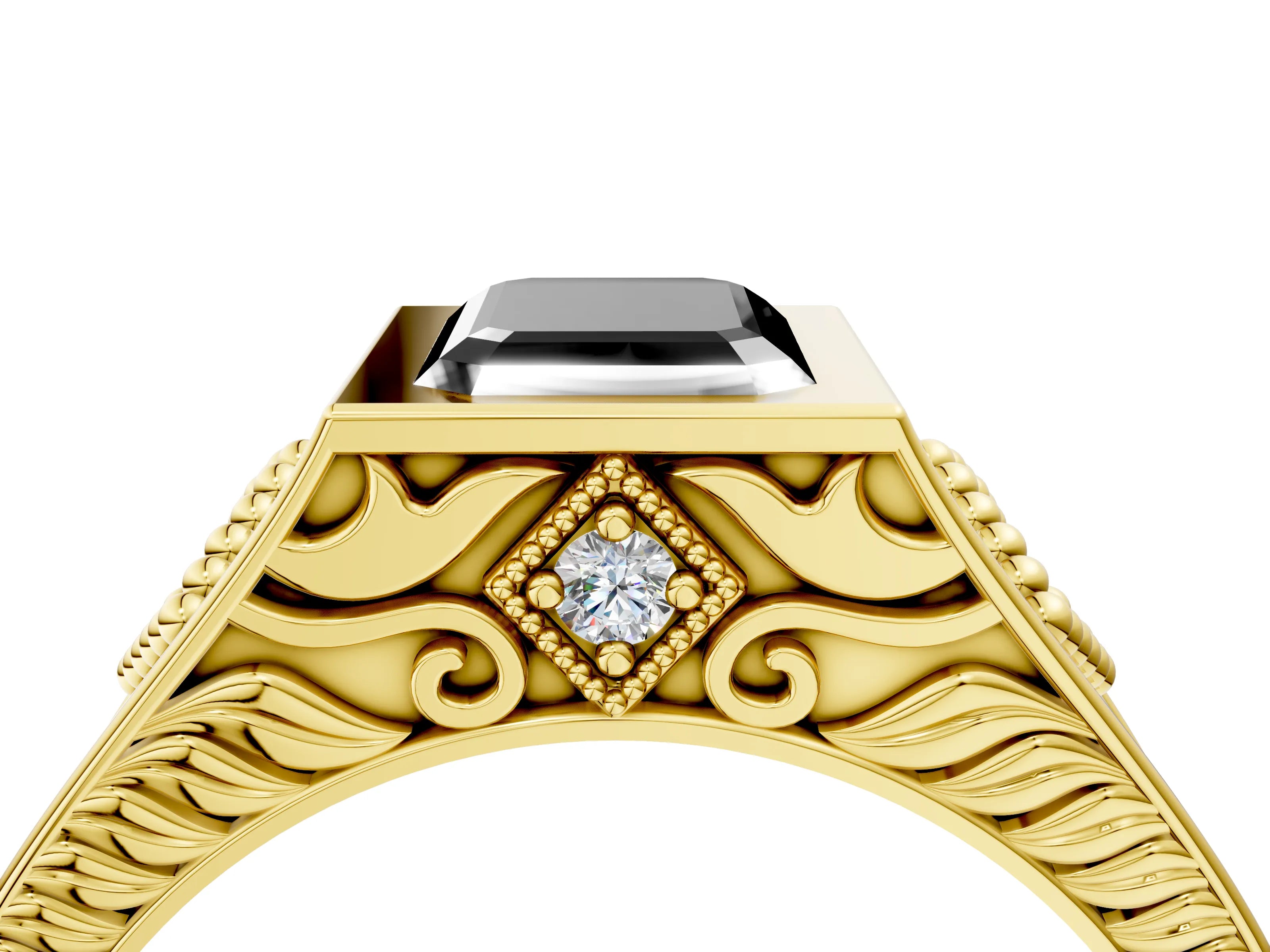 Yellow gold Hexagonal Bezel Fancy Black Emerald Cut Diamond Engraved Band Prong Ring_4