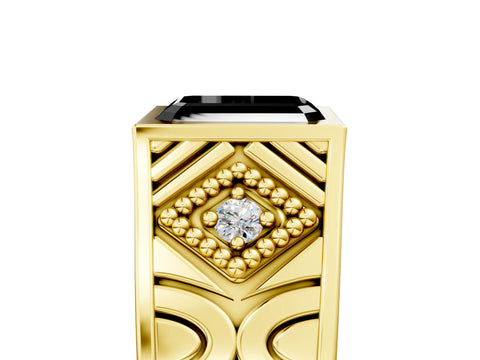 Yellow gold Hexagonal Bezel Fancy Black Emerald Cut Diamond Engraved Band Prong Ring_5