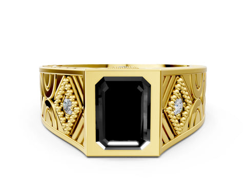 Yellow gold Hexagonal Bezel Fancy Black Emerald Cut Diamond Engraved Band Prong Ring