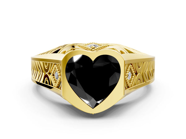 Yellow gold Hexagonal Bezel Fancy Black Heart Cut Diamond Engraved Band Prong Ring
