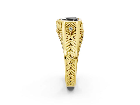 Yellow gold Hexagonal Bezel Fancy Black Heart Cut Diamond Engraved Band Prong Ring_2