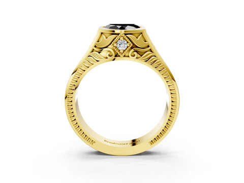 Yellow gold Hexagonal Bezel Fancy Black Heart Cut Diamond Engraved Band Prong Ring_3