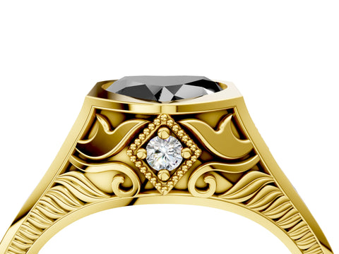 Yellow gold Hexagonal Bezel Fancy Black Heart Cut Diamond Engraved Band Prong Ring_4