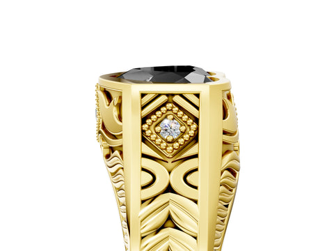 Yellow gold Hexagonal Bezel Fancy Black Heart Cut Diamond Engraved Band Prong Ring_5