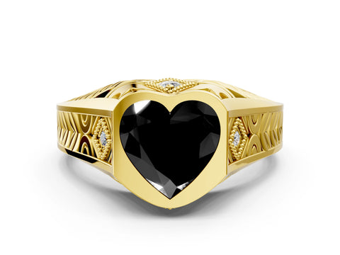 Yellow gold Hexagonal Bezel Fancy Black Heart Cut Diamond Engraved Band Prong Ring