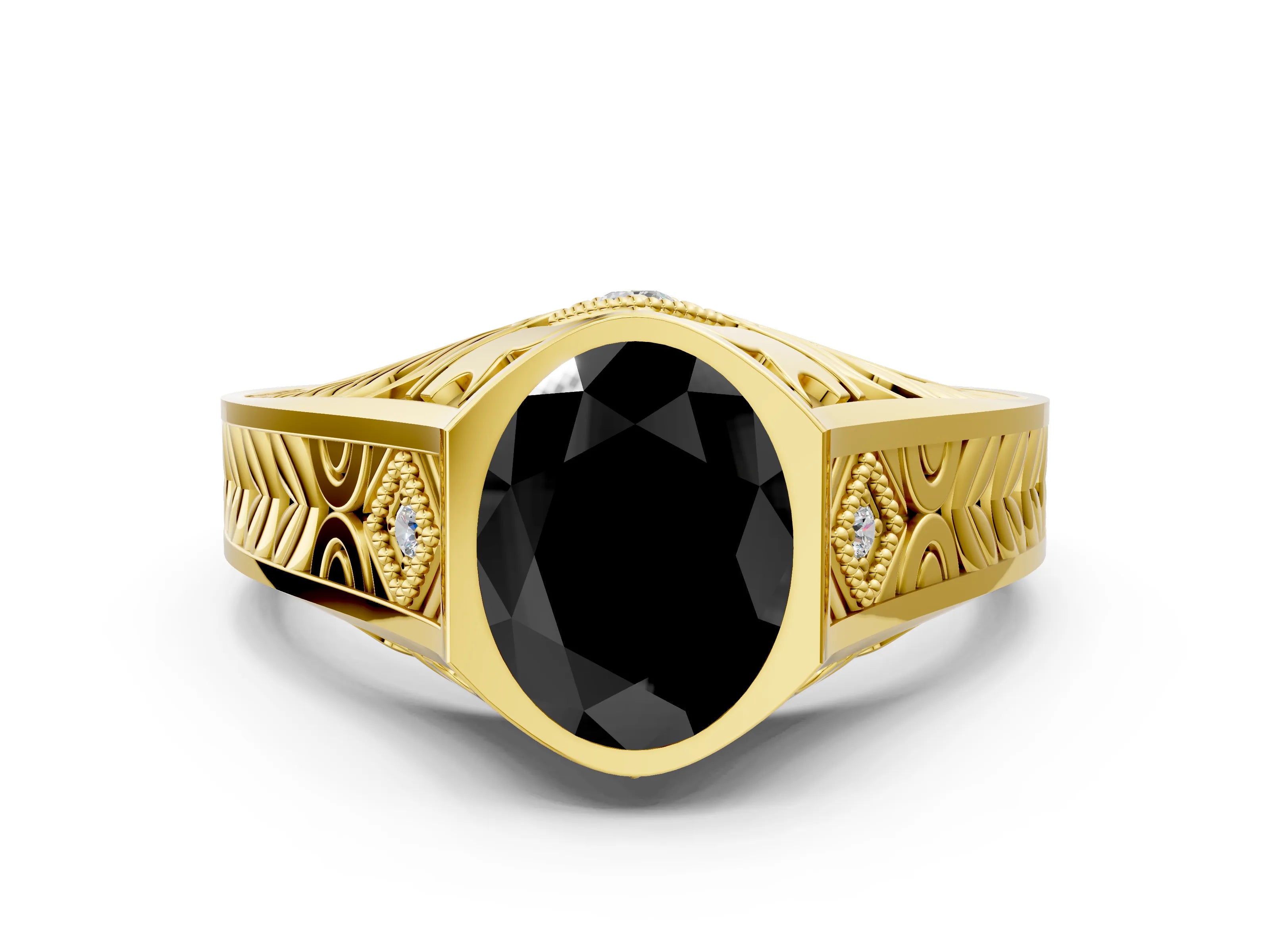 Yellow gold Hexagonal Bezel Fancy Black Oval Cut Diamond Engraved Band Prong Ring_12