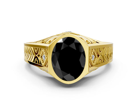 Yellow gold Hexagonal Bezel Fancy Black Oval Cut Diamond Engraved Band Prong Ring_12
