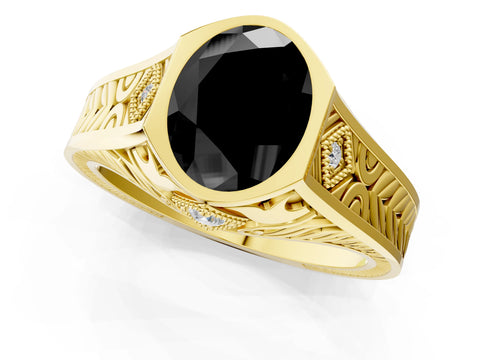Yellow gold Hexagonal Bezel Fancy Black Oval Cut Diamond Engraved Band Prong Ring_13