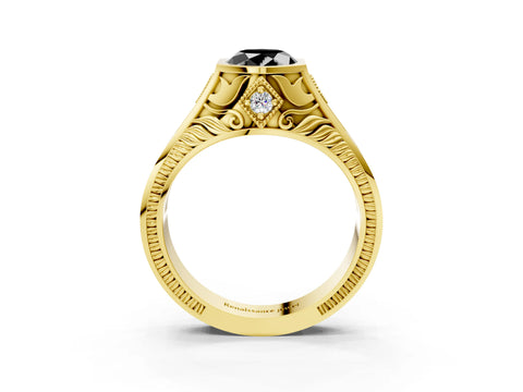 Yellow gold Hexagonal Bezel Fancy Black Oval Cut Diamond Engraved Band Prong Ring_15