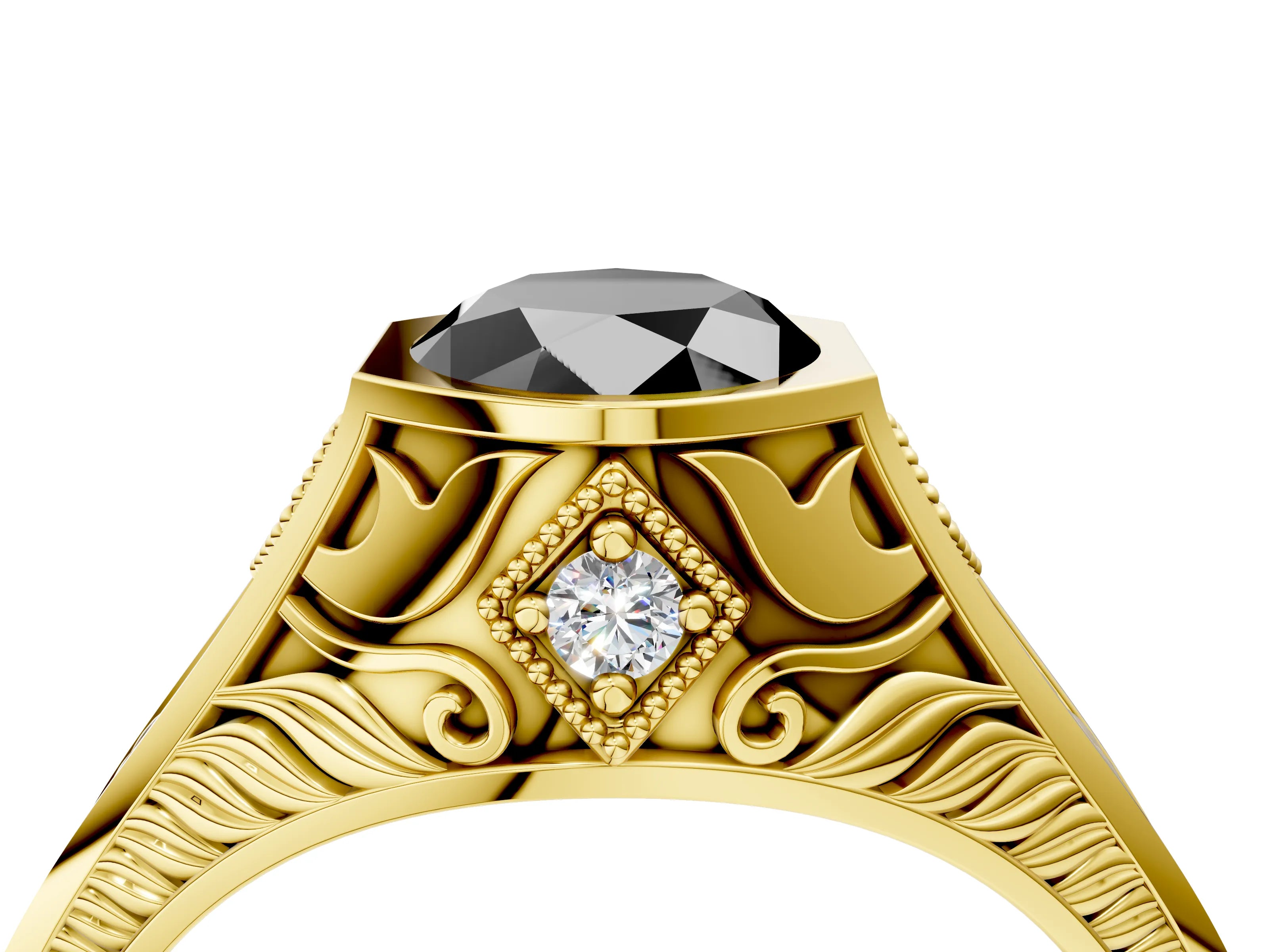 Yellow gold Hexagonal Bezel Fancy Black Oval Cut Diamond Engraved Band Prong Ring_16