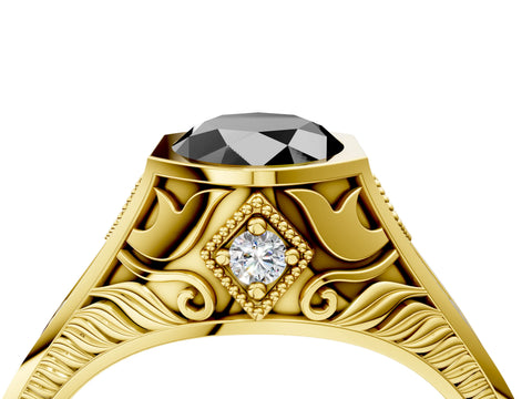 Yellow gold Hexagonal Bezel Fancy Black Oval Cut Diamond Engraved Band Prong Ring_16