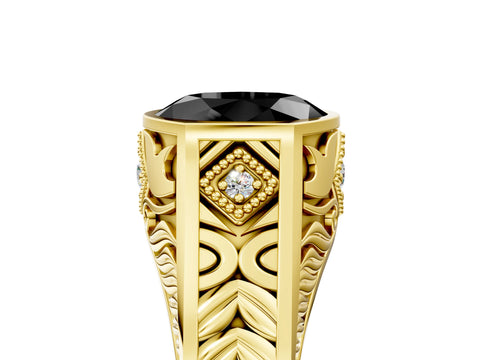 Yellow gold Hexagonal Bezel Fancy Black Oval Cut Diamond Engraved Band Prong Ring_17
