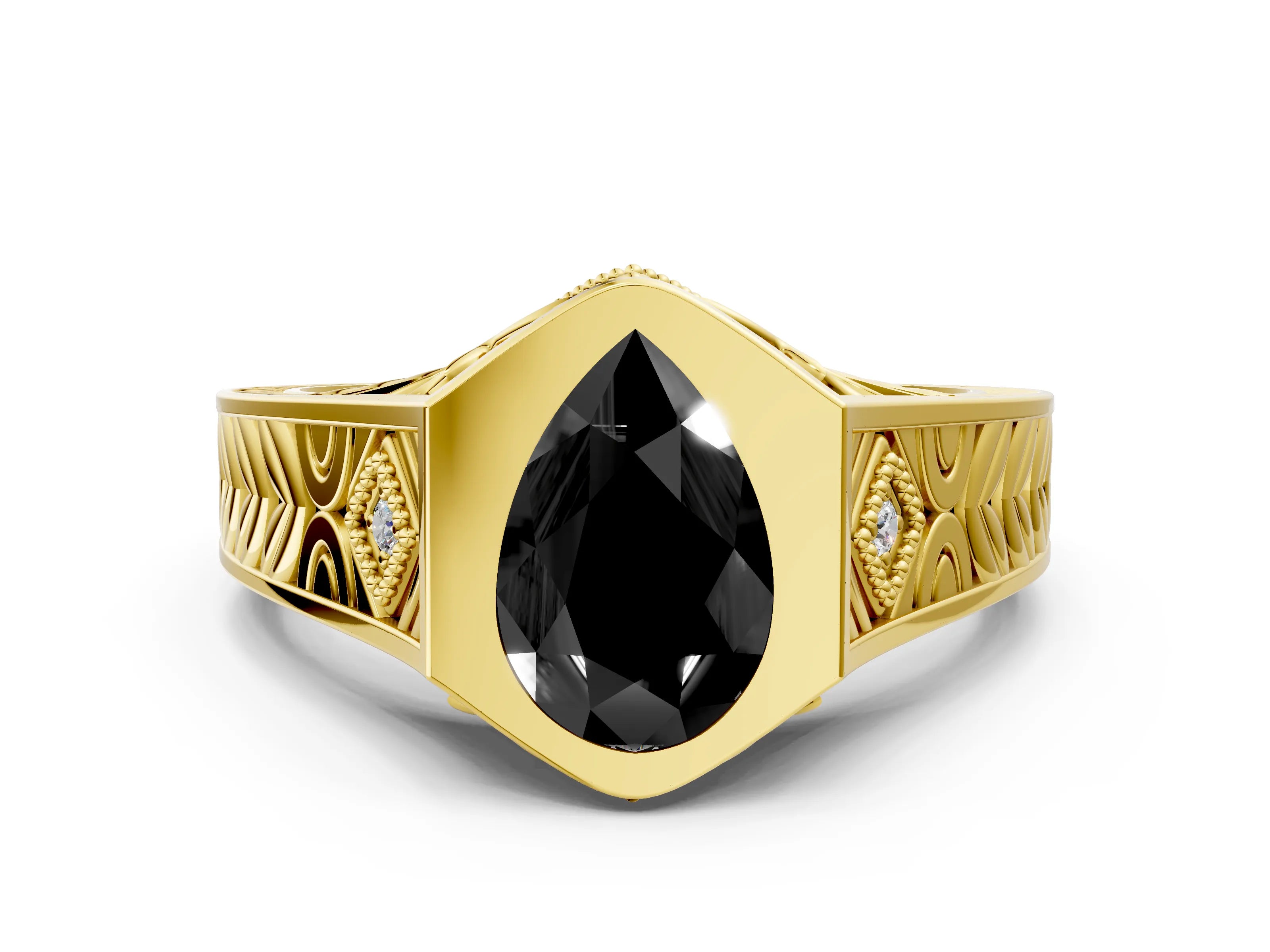 Yellow gold Hexagonal Bezel Fancy Black Pear Cut Diamond Engraved Band Prong Ring