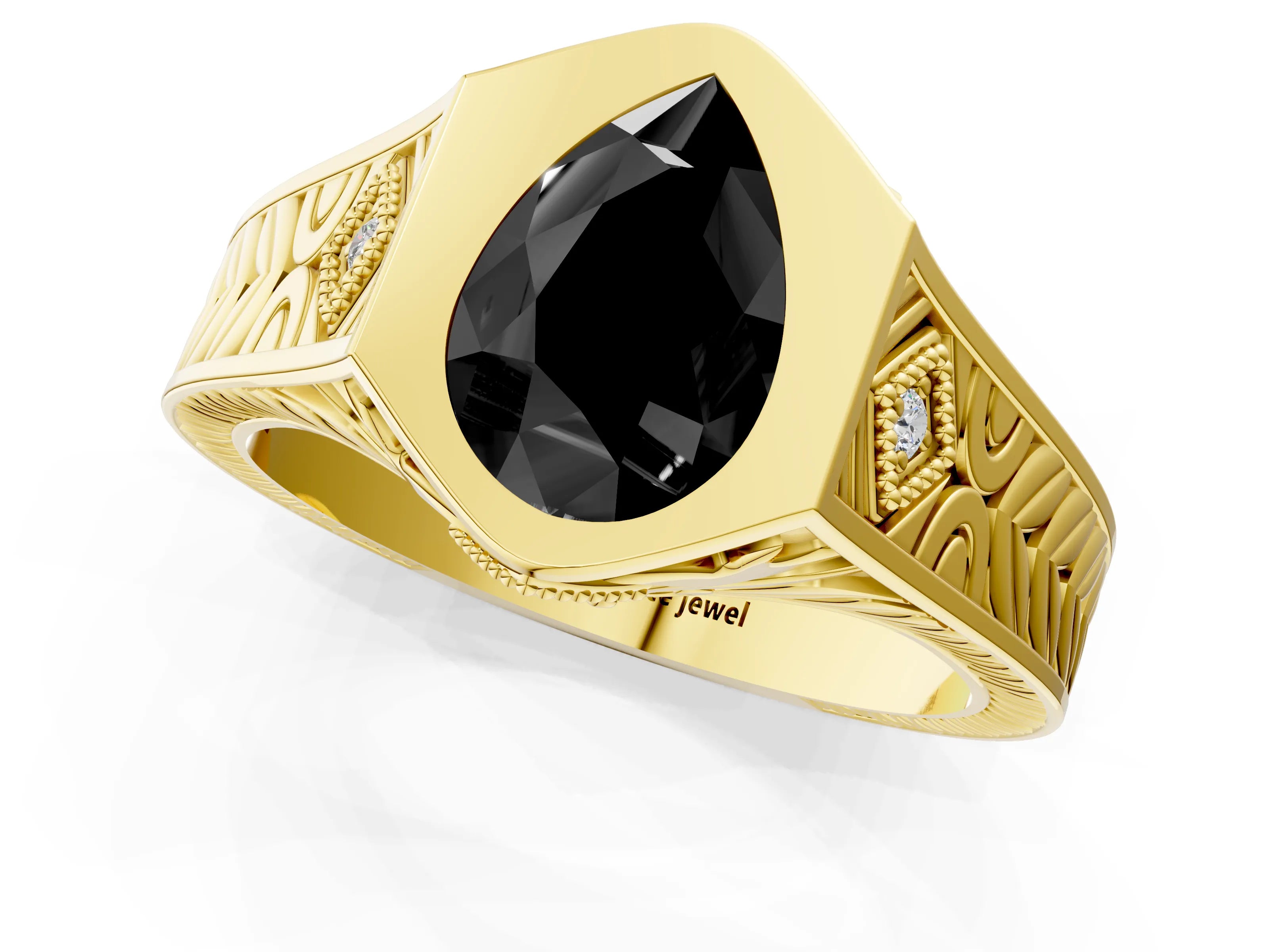 Yellow gold Hexagonal Bezel Fancy Black Pear Cut Diamond Engraved Band Prong Ring_1