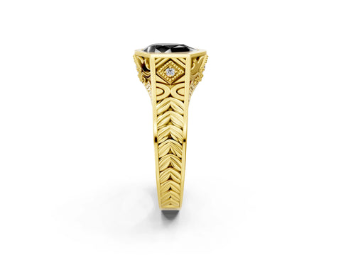 Yellow gold Hexagonal Bezel Fancy Black Pear Cut Diamond Engraved Band Prong Ring_2