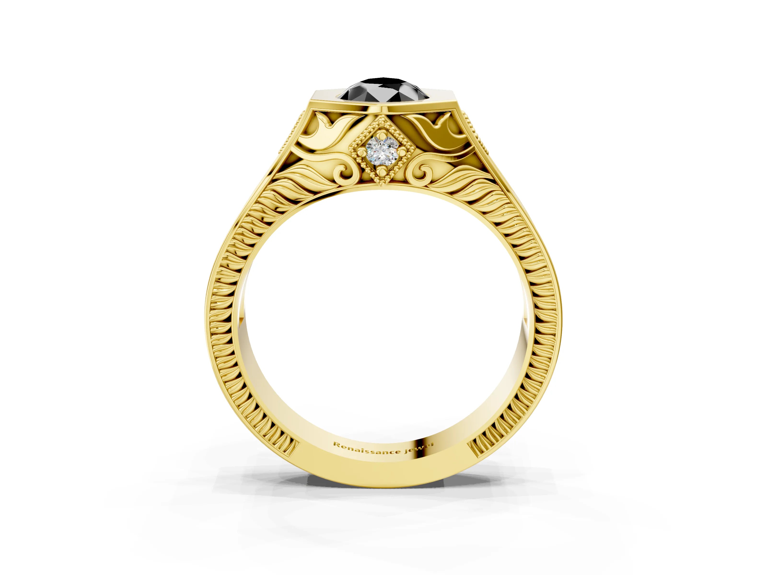 Yellow gold Hexagonal Bezel Fancy Black Pear Cut Diamond Engraved Band Prong Ring_3