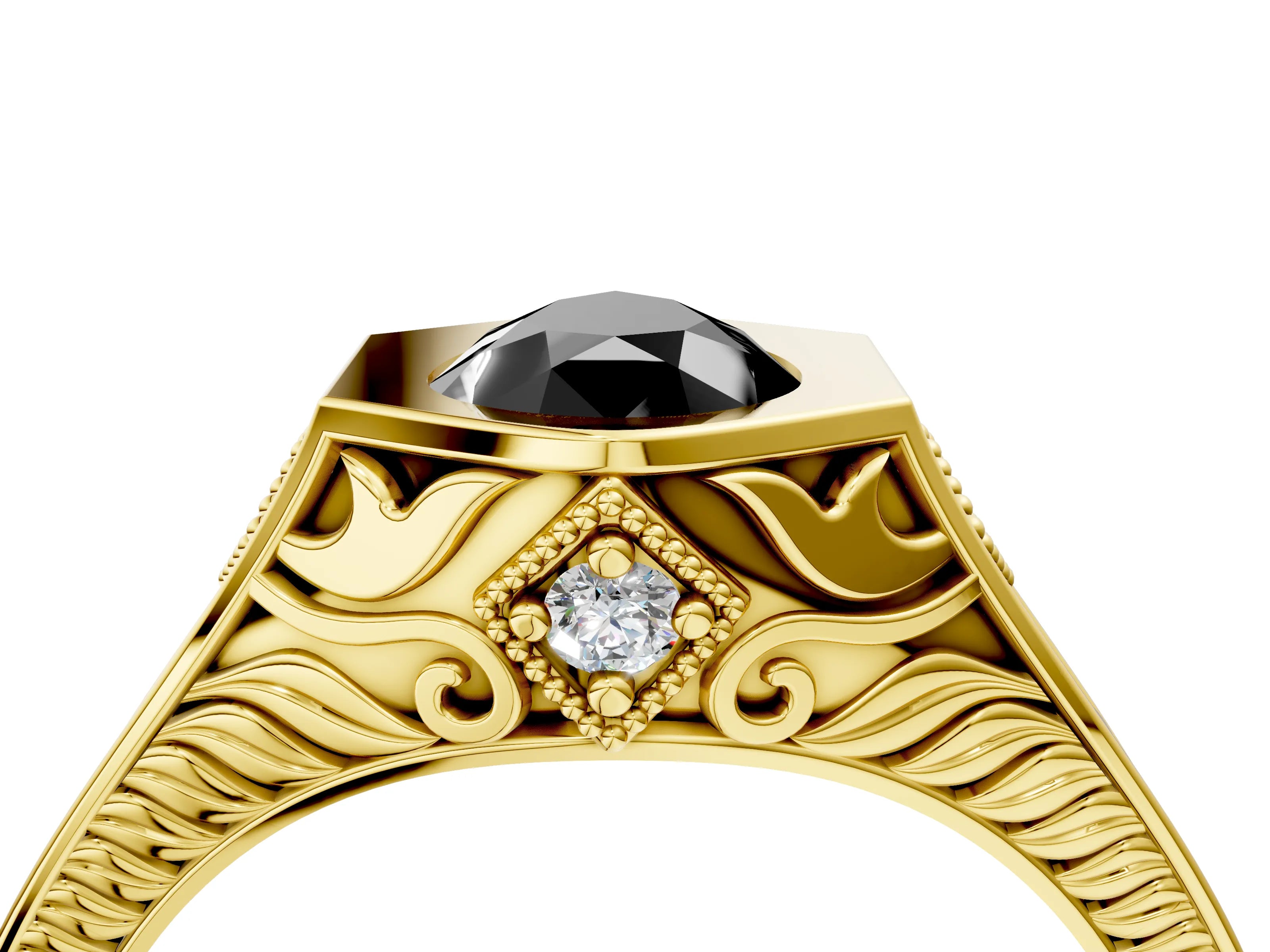Yellow gold Hexagonal Bezel Fancy Black Pear Cut Diamond Engraved Band Prong Ring_4