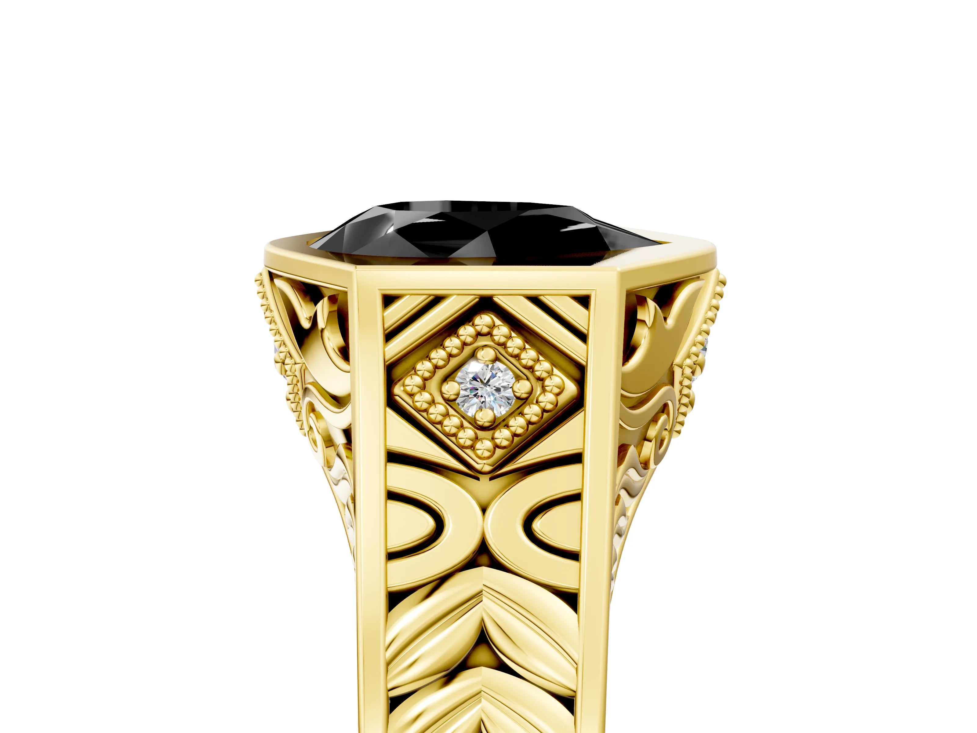 Yellow gold Hexagonal Bezel Fancy Black Pear Cut Diamond Engraved Band Prong Ring_5