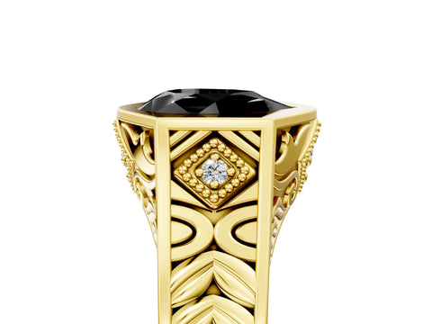 Yellow gold Hexagonal Bezel Fancy Black Pear Cut Diamond Engraved Band Prong Ring_5