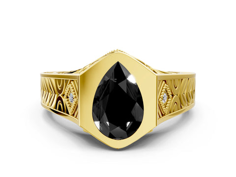 Yellow gold Hexagonal Bezel Fancy Black Pear Cut Diamond Engraved Band Prong Ring