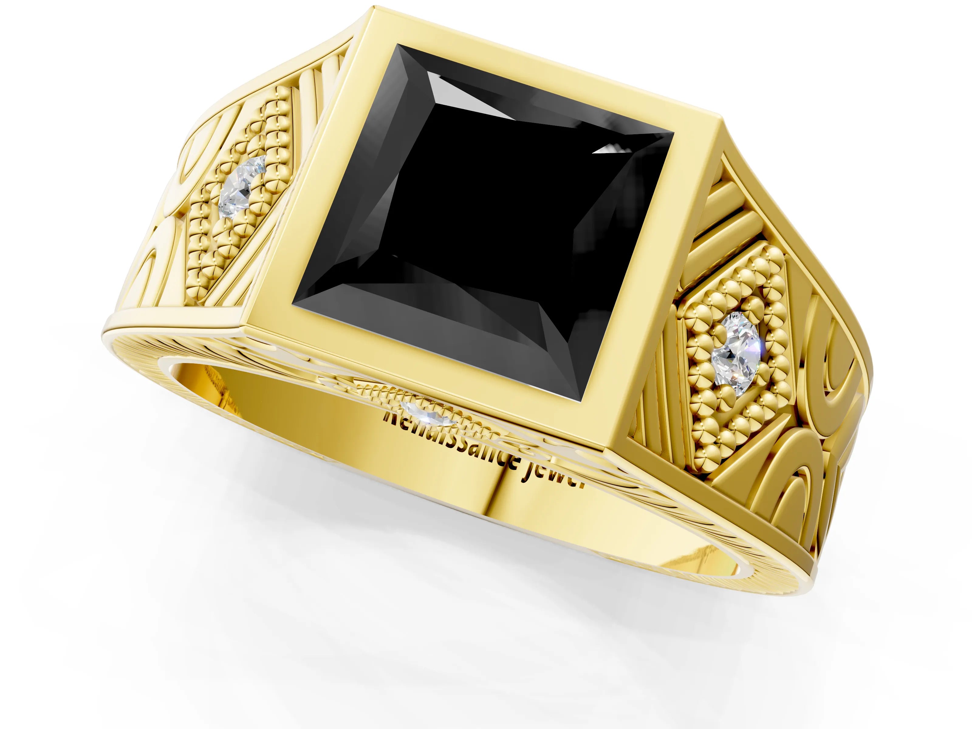 Yellow gold Hexagonal Bezel Fancy Black Princess Cut Diamond Engraved Band Prong Ring_1