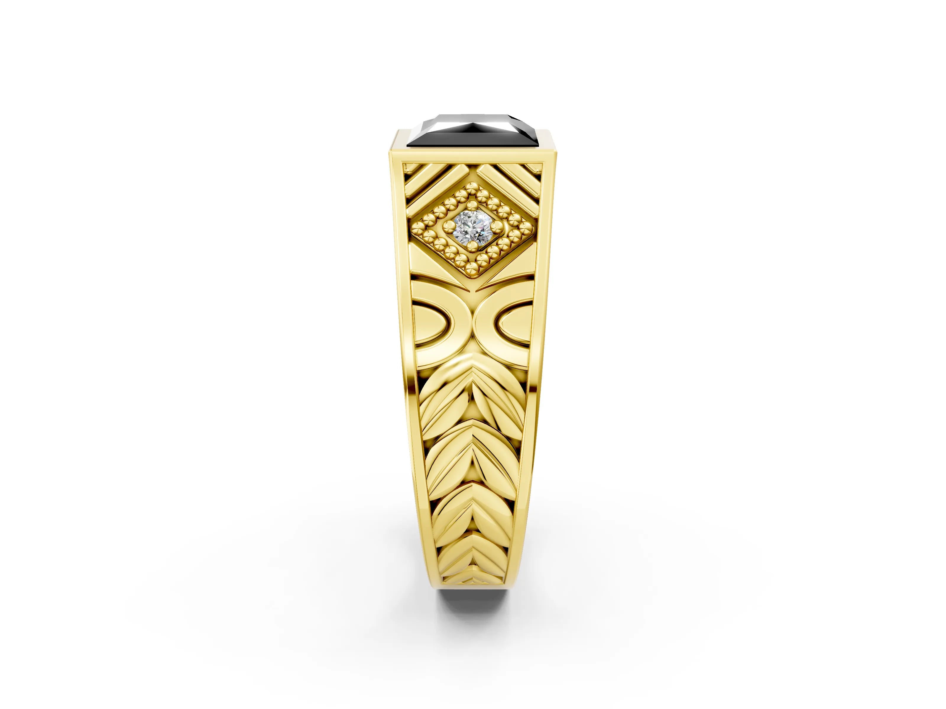Yellow gold Hexagonal Bezel Fancy Black Princess Cut Diamond Engraved Band Prong Ring_2