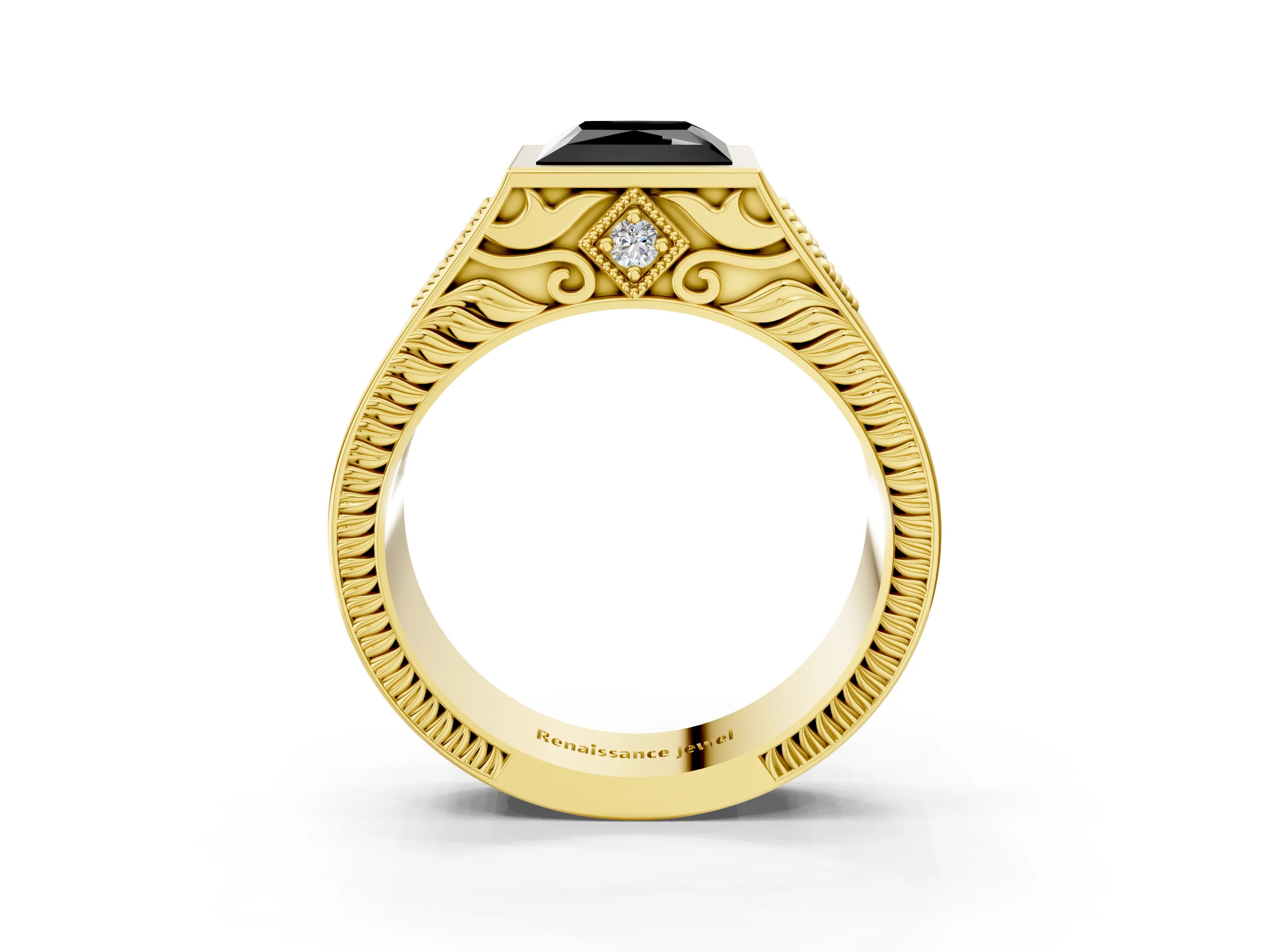 Yellow gold Hexagonal Bezel Fancy Black Princess Cut Diamond Engraved Band Prong Ring_3