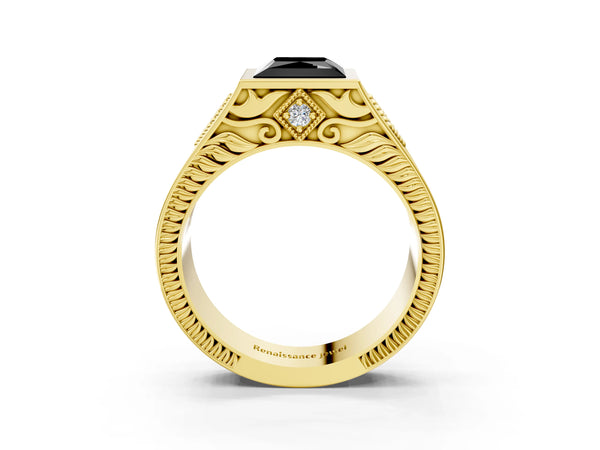 Yellow gold Hexagonal Bezel Fancy Black Princess Cut Diamond Engraved Band Prong Ring
