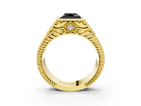 Yellow gold Hexagonal Bezel Fancy Black Princess Cut Diamond Engraved Band Prong Ring_3