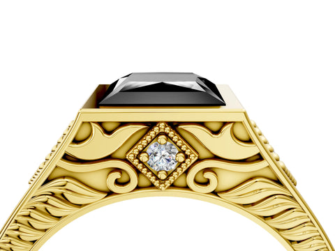 Yellow gold Hexagonal Bezel Fancy Black Princess Cut Diamond Engraved Band Prong Ring_4