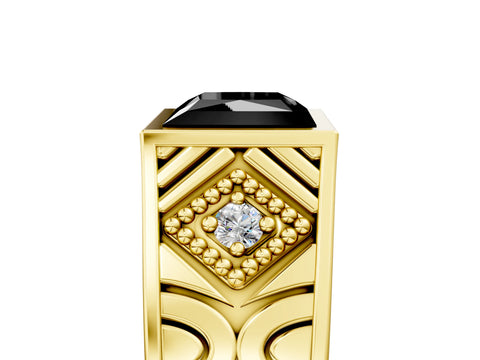 Yellow gold Hexagonal Bezel Fancy Black Princess Cut Diamond Engraved Band Prong Ring_5