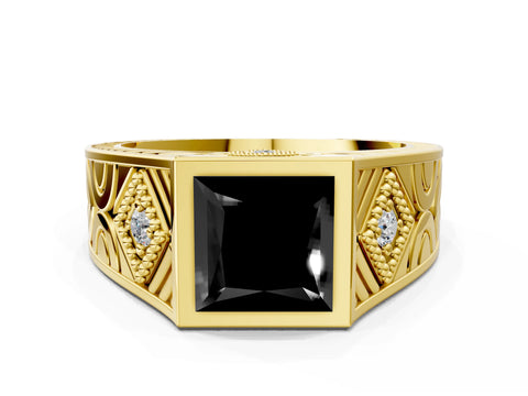 Yellow gold Hexagonal Bezel Fancy Black Princess Cut Diamond Engraved Band Prong Ring
