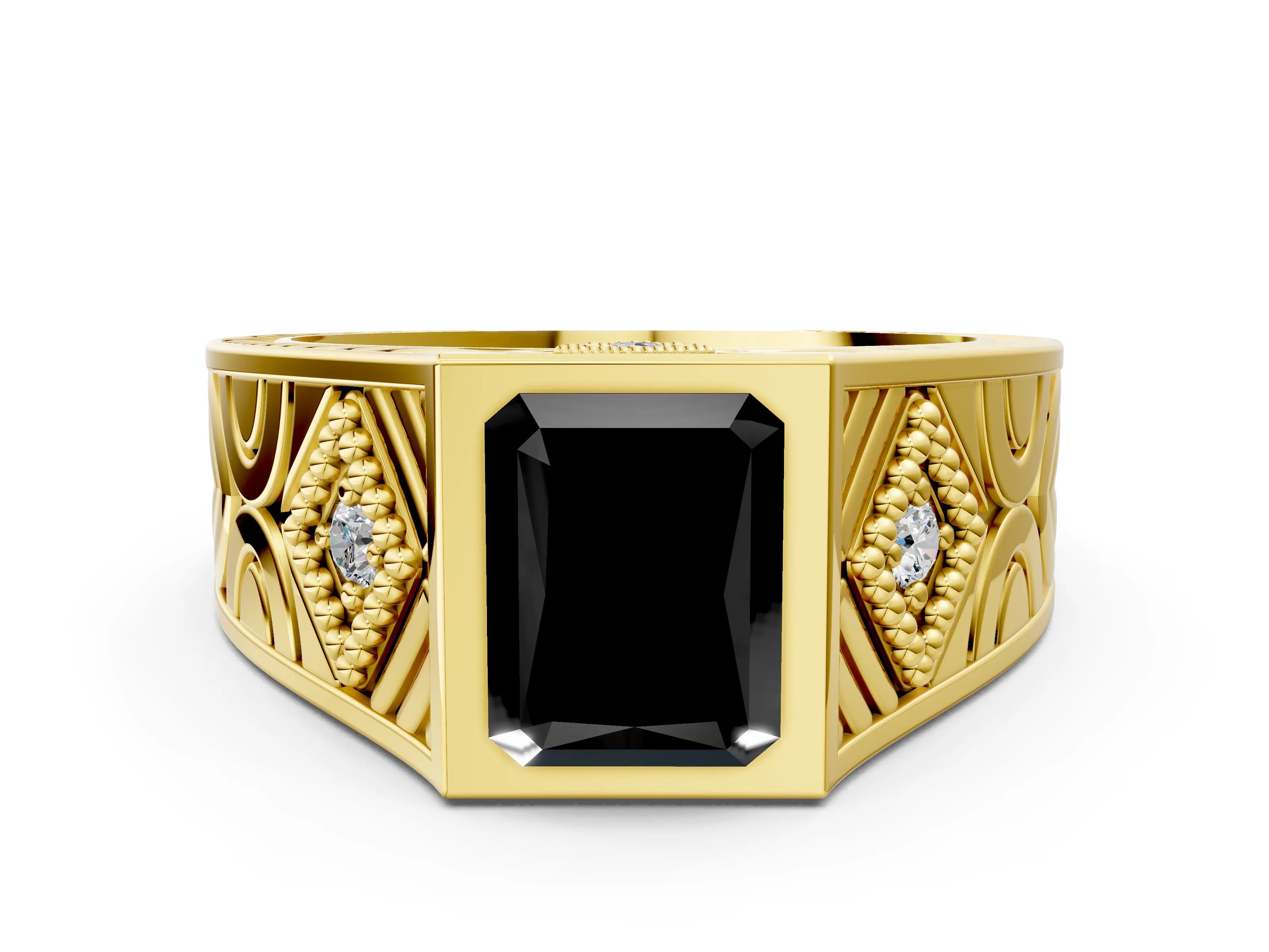 Yellow gold Hexagonal Bezel Fancy Black Radiant Cut Diamond Engraved Band Prong Ring