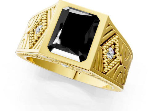 Yellow gold Hexagonal Bezel Fancy Black Radiant Cut Diamond Engraved Band Prong Ring_1
