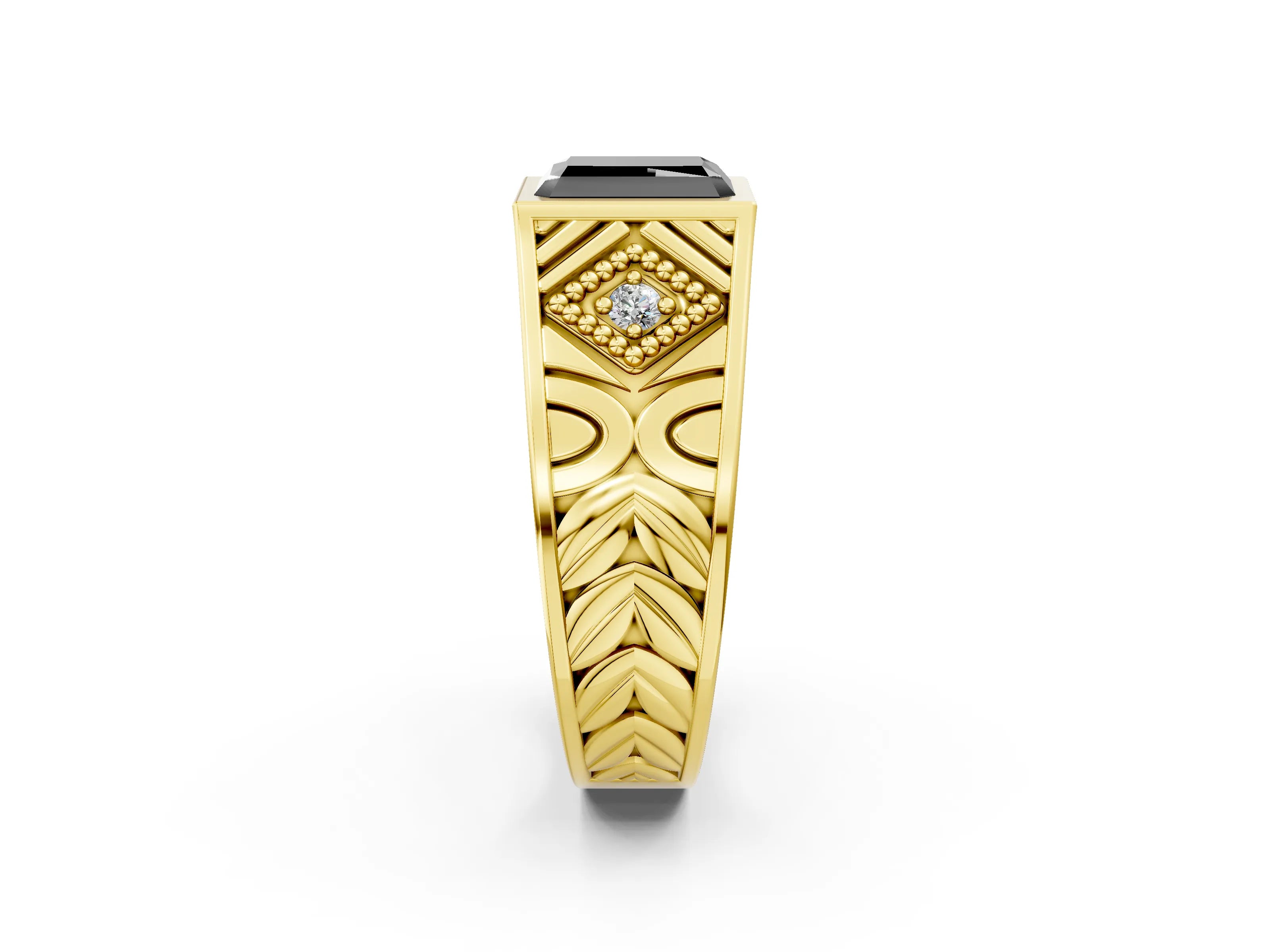 Yellow gold Hexagonal Bezel Fancy Black Radiant Cut Diamond Engraved Band Prong Ring_2