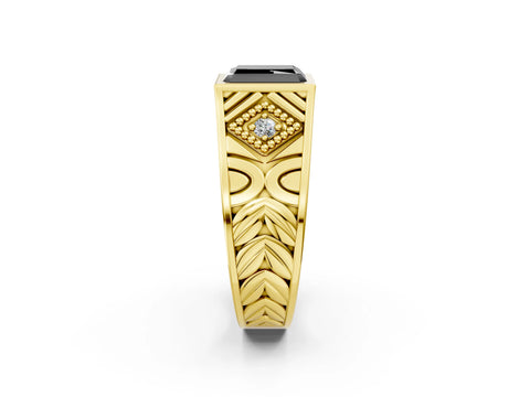 Yellow gold Hexagonal Bezel Fancy Black Radiant Cut Diamond Engraved Band Prong Ring_2